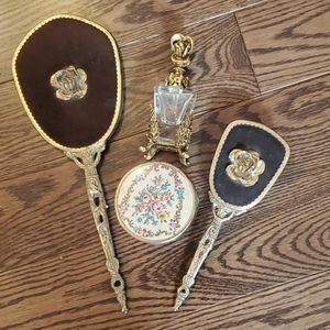 Vintage vanity 4 piece set mirror, brush, perfume bottle, and trinket box